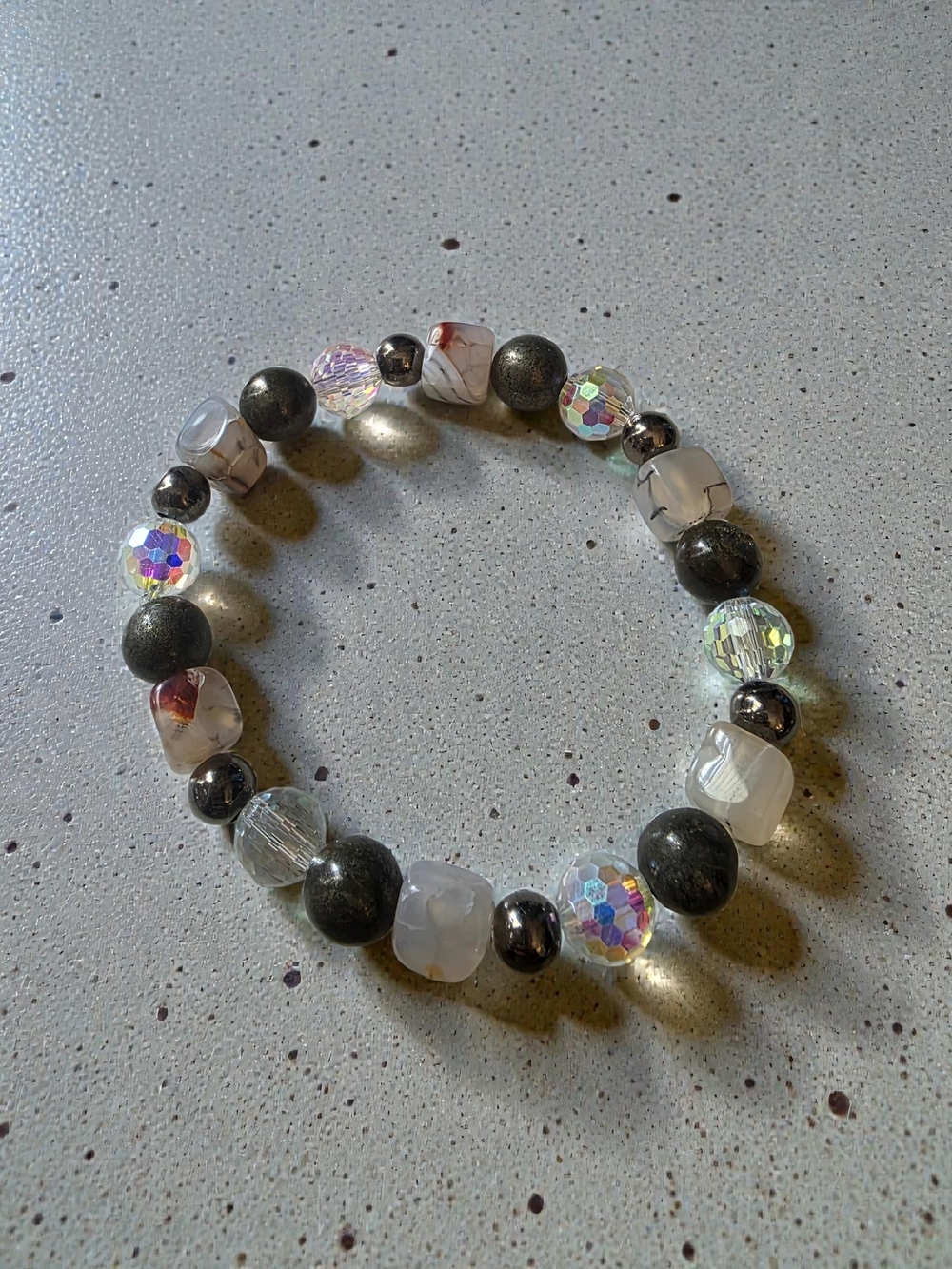 Natural Pyrite & Pink Marbled Agate Stretch Bracelet
​